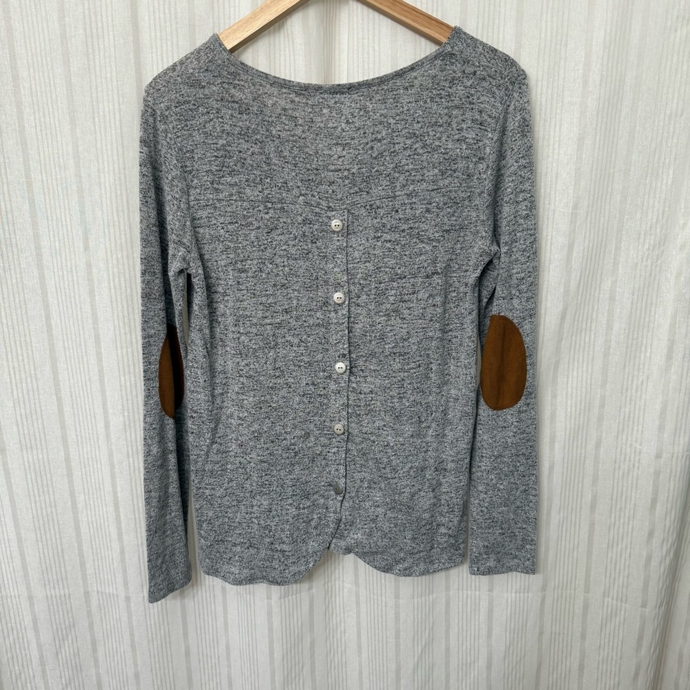 Pink Clover Artemis Button Down Back Detail Brushed Knit Suede Elbow Patch Top - Picture 2 of 5